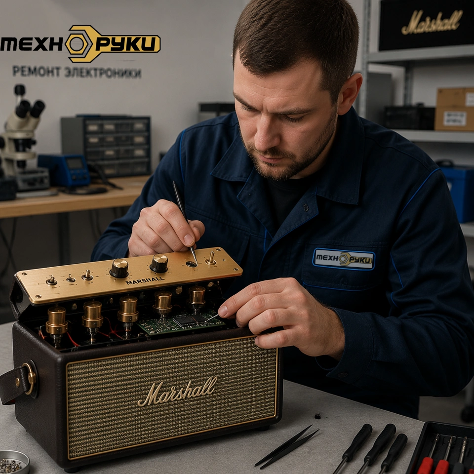 Ремонт плат, переключателей и Bluetooth-модулей премиальных колонок Marshall на улице Шафиева 1.